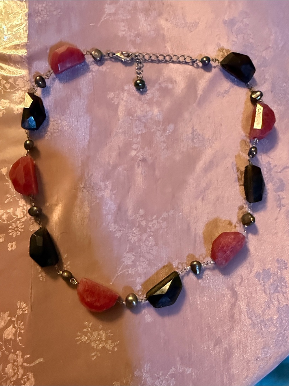 Handcrafted Pink and Black quartz crystal Beaded Necklace